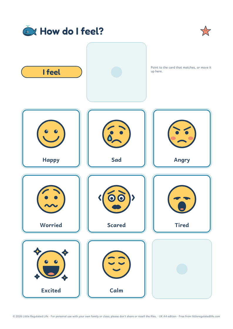 The free My Feelings board with eight feelings in pictures