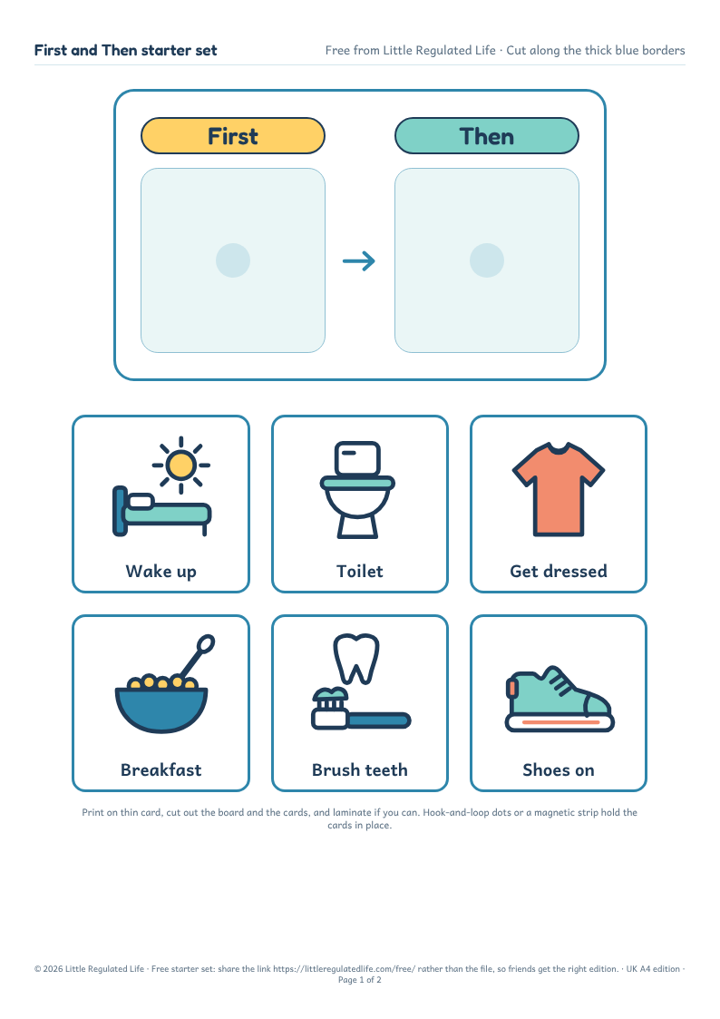 The First and Then board with six picture cards: wake up, toilet, get dressed, breakfast, brush teeth, shoes on